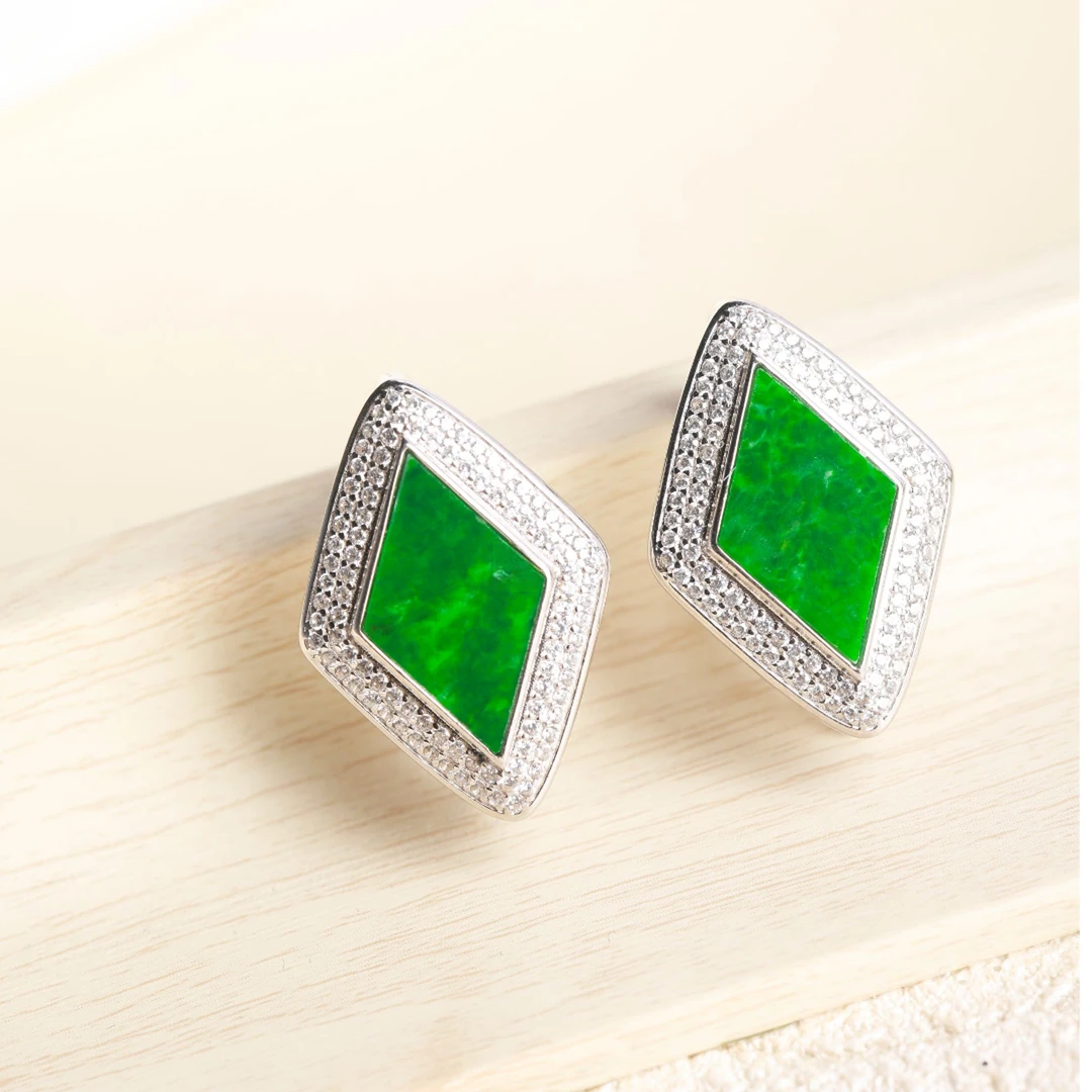 天然A货翡翠满绿菱形耳饰*732-03/多样性发/1对