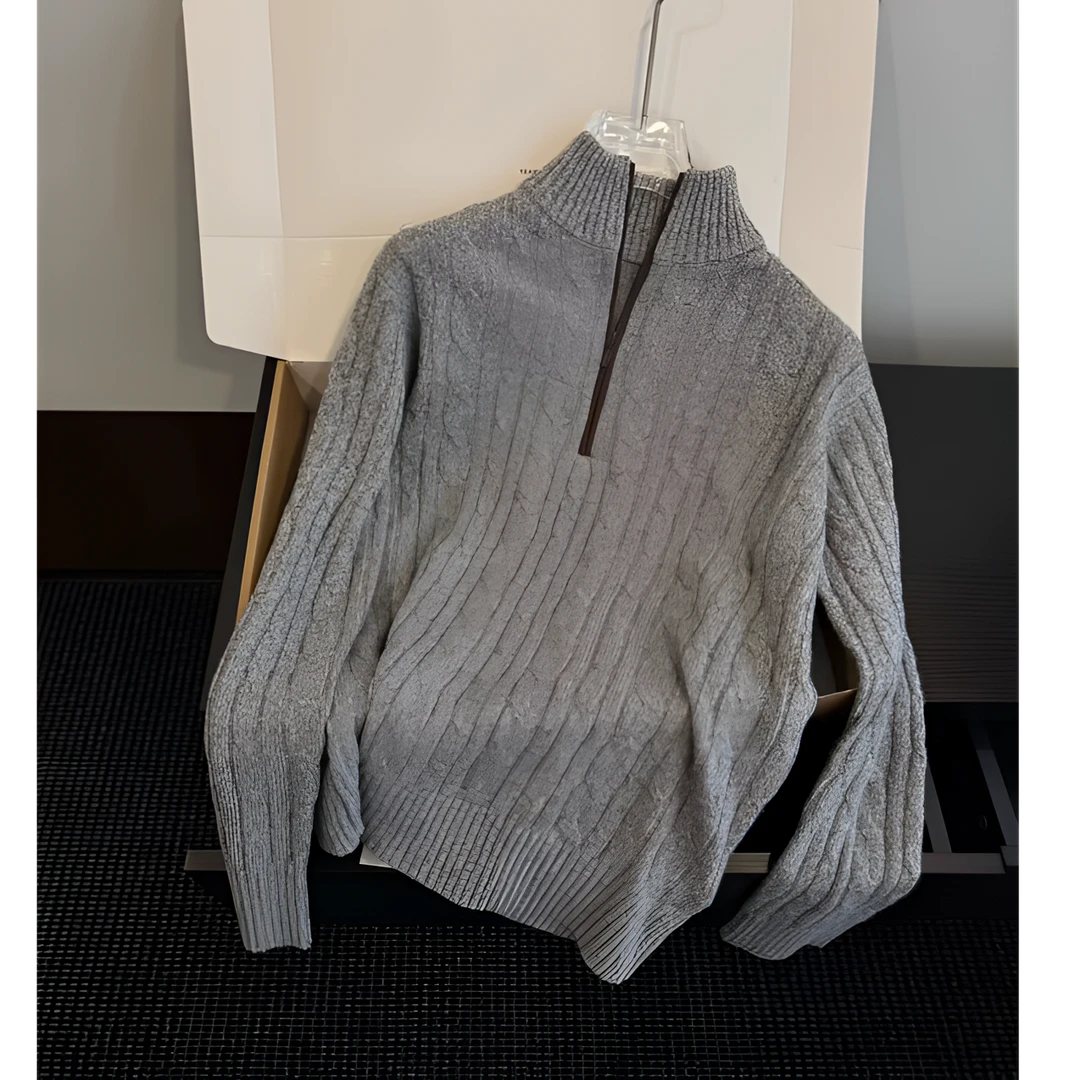 TeamYang-秋冬新款极简老钱风百搭绵羊毛半拉链针织绞花毛衣8094