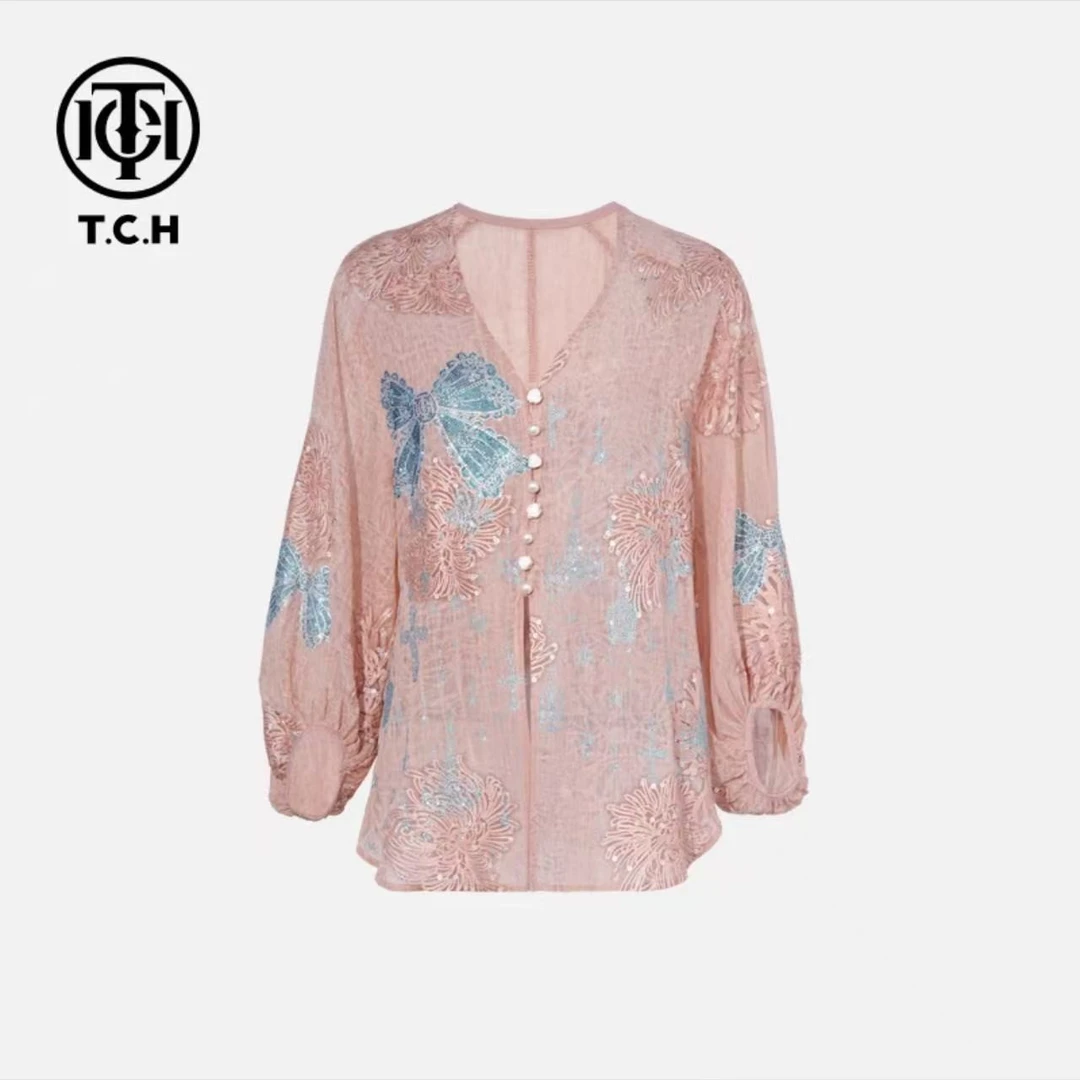 TCH私服烫钻工艺时尚休闲百搭蝴蝶结衬衫女T75B13E5009轻奢tch