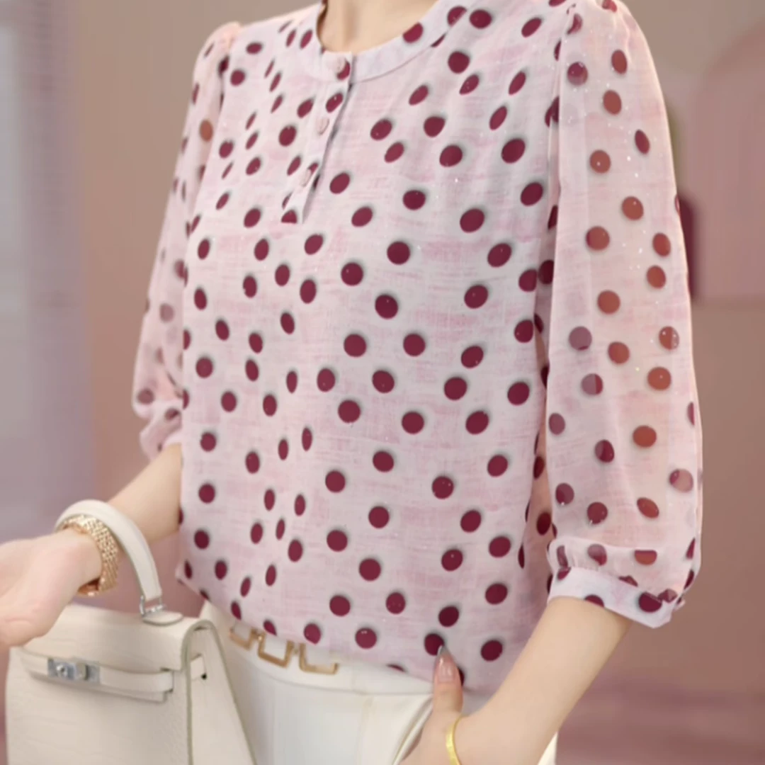 2025洒银工艺草莓粉新款波点夏季七分袖衬衫气质优雅女士上衣0707