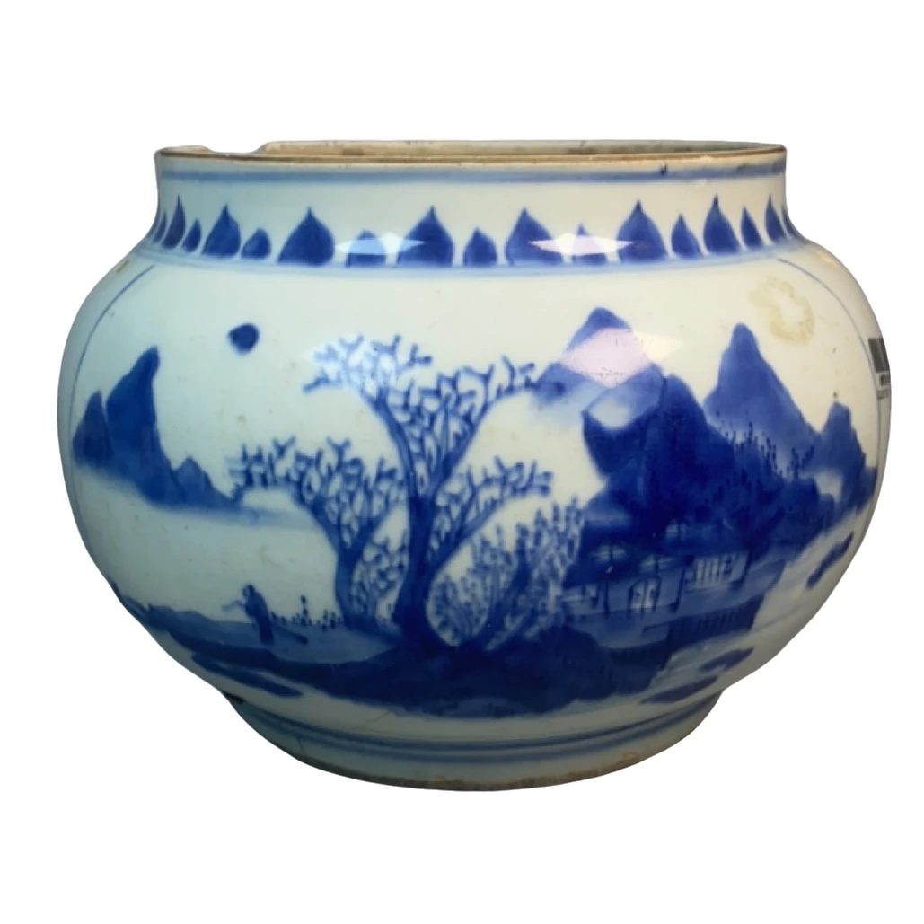 ［022011057］清顺治 青花山水纹粥罐（瓷器一）