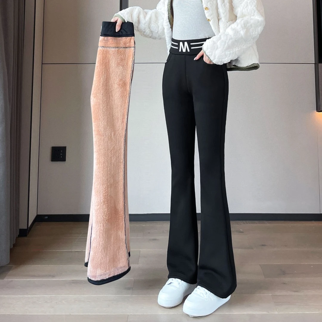 加绒微喇裤女2024秋冬季新款小个子高腰显瘦保暖加厚羊羔绒喇叭裤