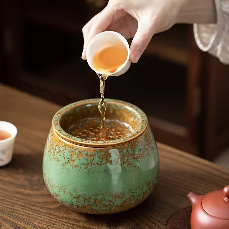 窑变带盖茶渣缸家用大号桌面水盂建水茶水缸废水功夫茶道配件茶洗