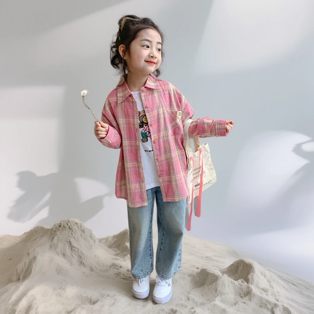 儿童衣服童装女童格子衬衫纯棉春秋季儿童装上衣洋气长袖薄女女童