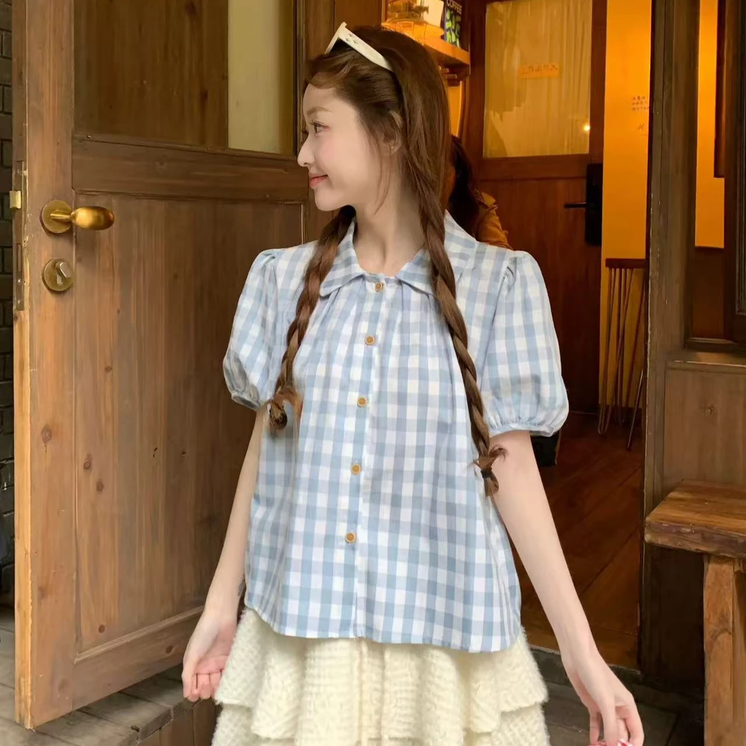 韩系百搭宽松甜美别致泡泡袖衬衫女设计感小众格子减龄娃娃领上衣