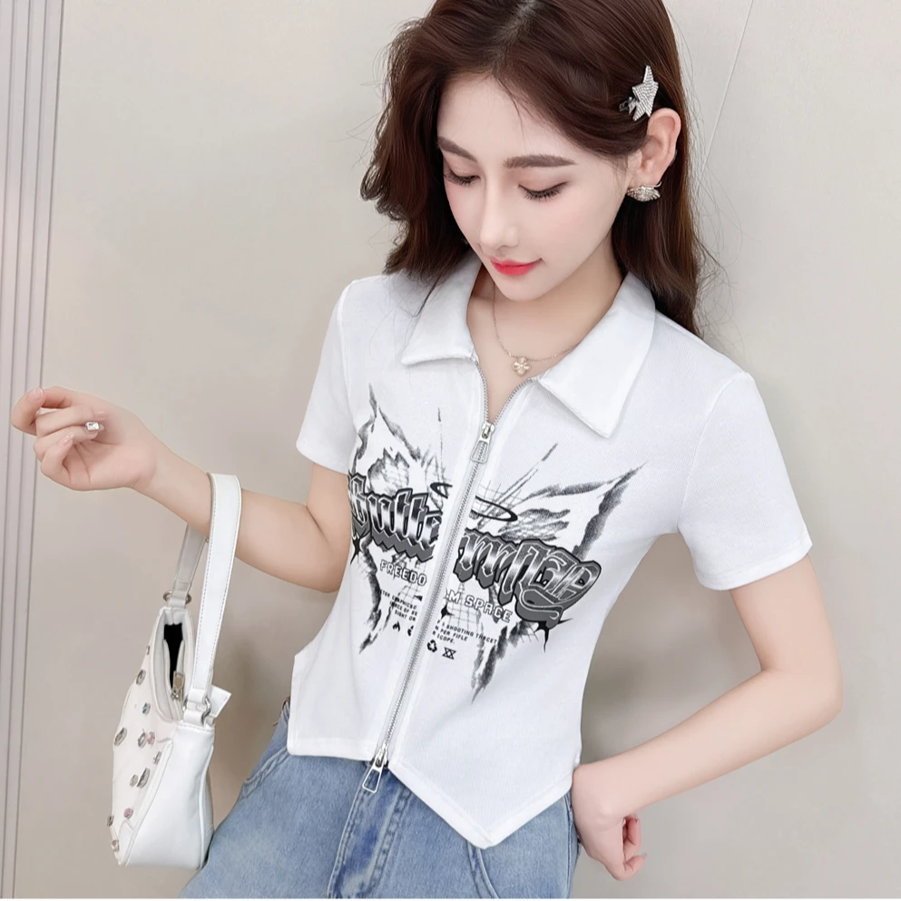 5121【衣长48】双拉链翻领polo衫短袖t恤女设计感修身短款上衣