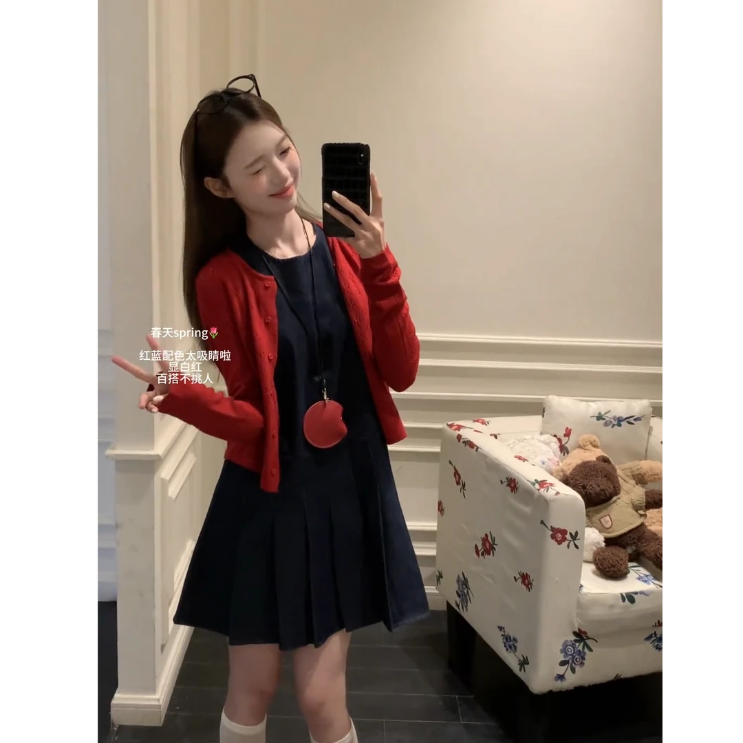 2025春季新款韩系慵懒风设计感短款针织开衫搭无袖背心连衣裙字女