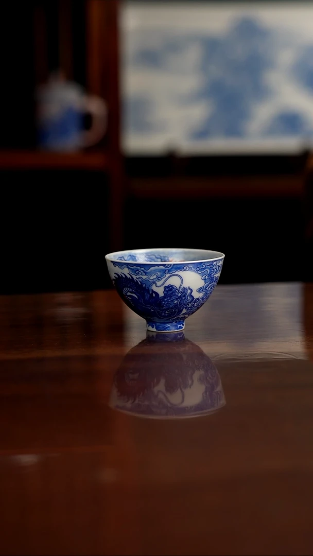 自成堂柴窑 青花釉里红 双龙