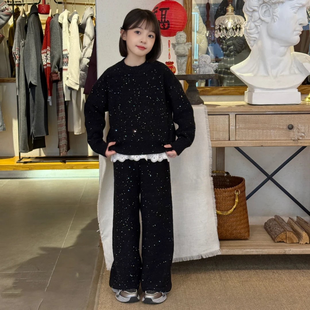 2025新年款中大童针织毛衣套装满天星亮片针织衫宽松阔腿裤两件套