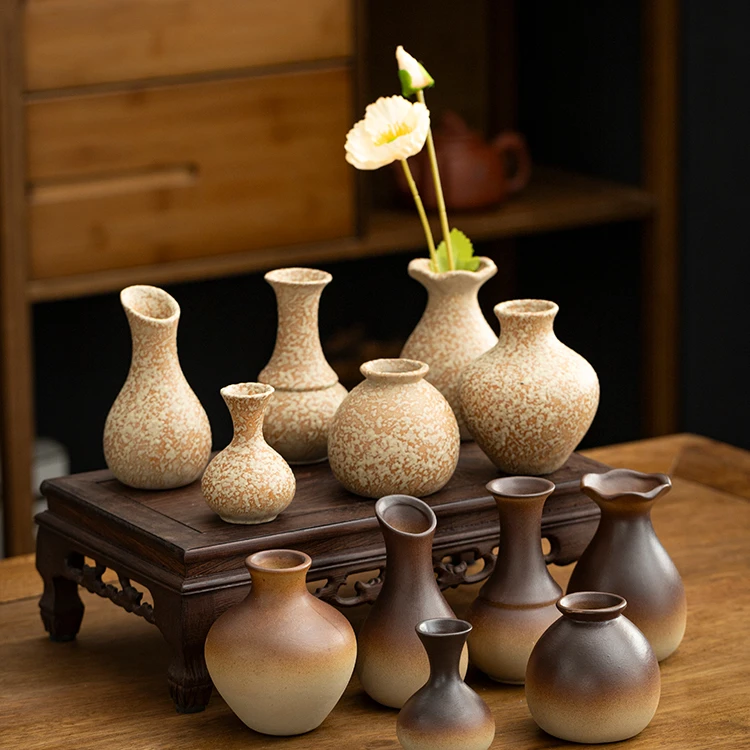 复古粗陶艺术花瓶插花装饰品民宿酒店侘寂风禅意摆件粗陶小号花瓶