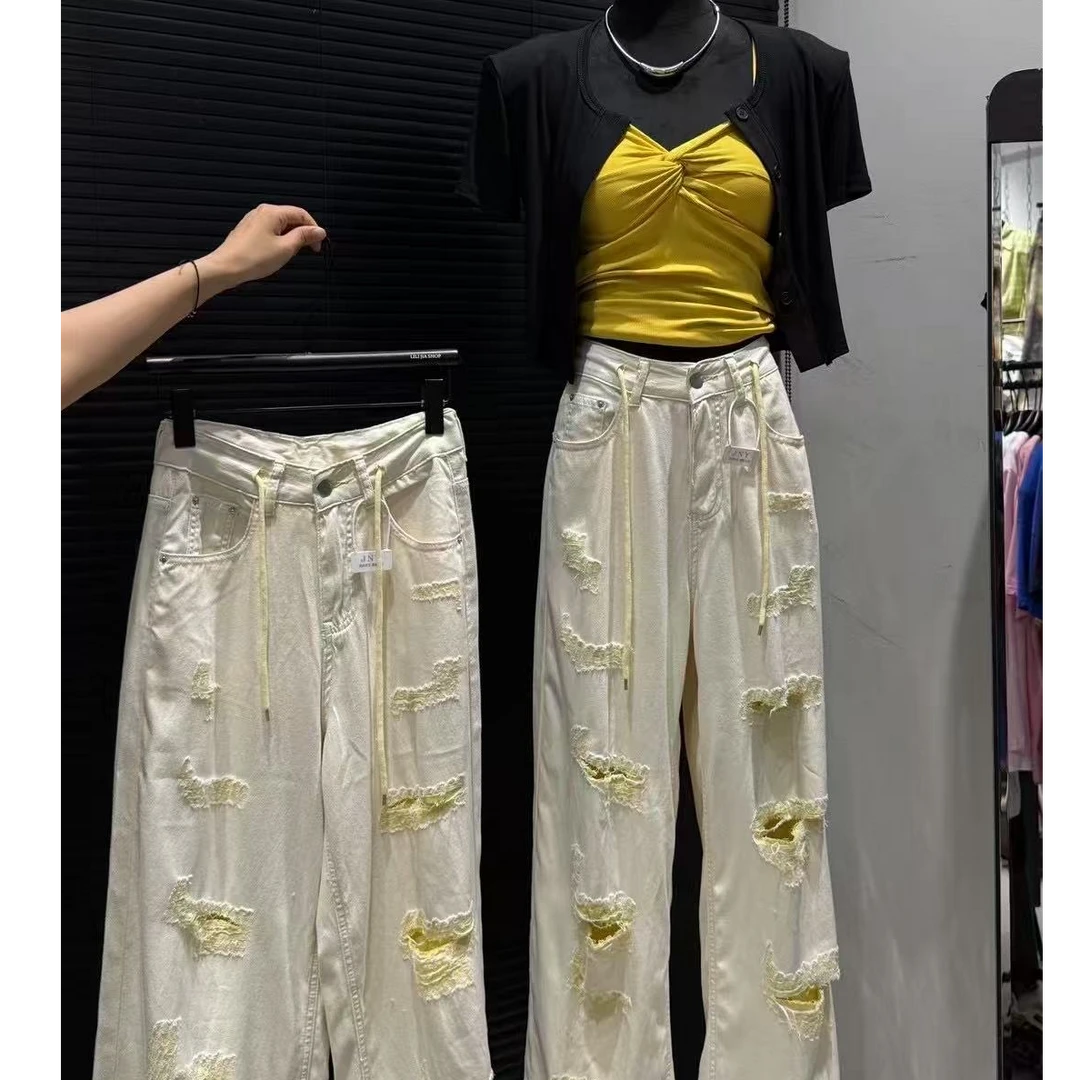 6019 时尚高腰慵懒风夏季破洞牛仔裤显瘦阔腿裤洋气【丽丽】