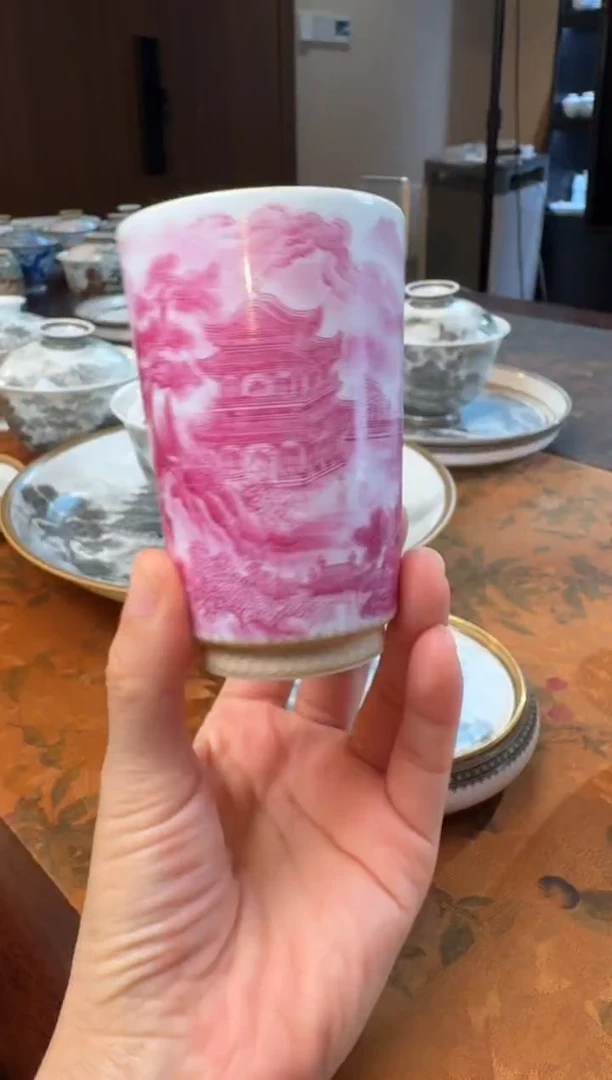 大*手绘玛瑙红岳阳楼闻香杯