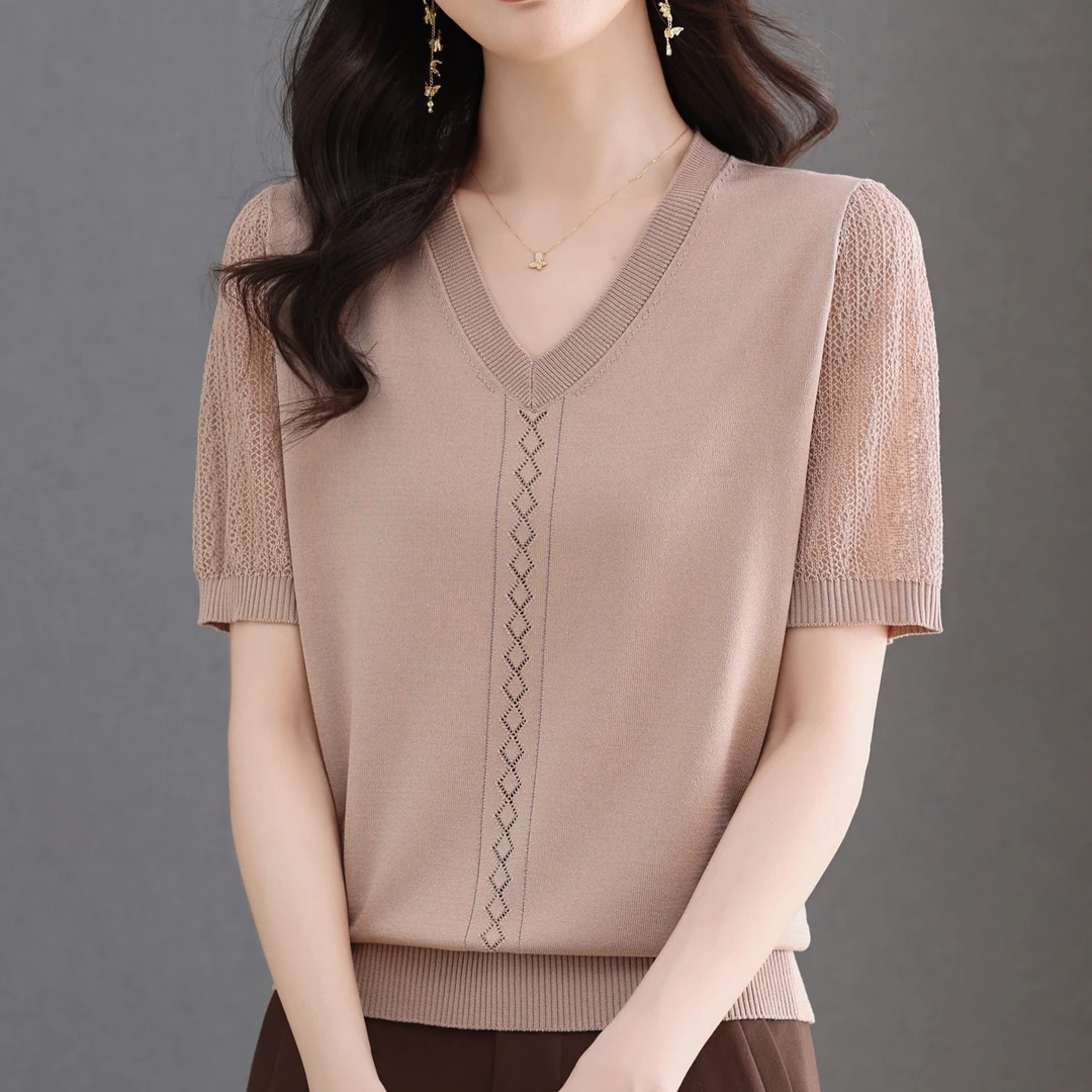 【天丝】短袖T恤套头V领针织衫女时尚百搭显瘦短款上衣吸湿排汗凉感
