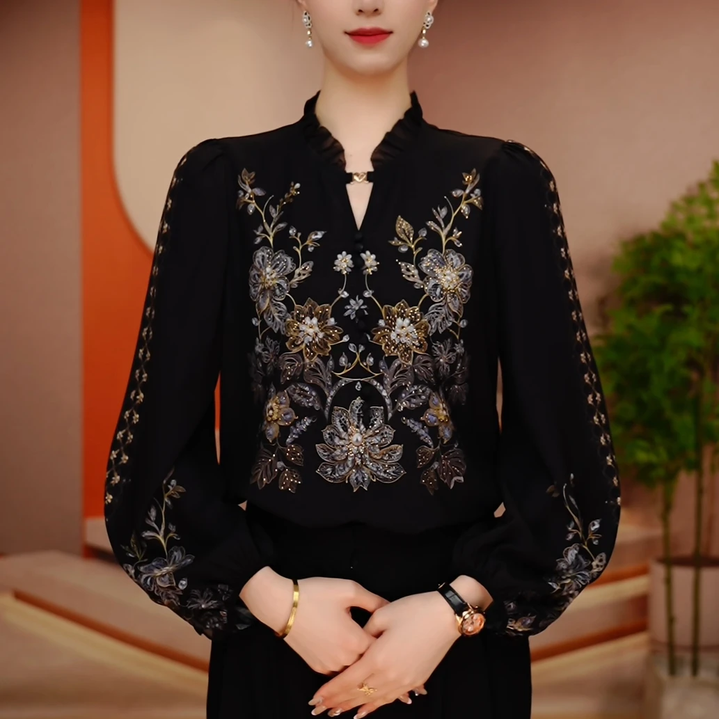 初凰 新款琉璃双皱丝洋气时尚百搭显瘦休闲气质印花女士长袖上衣