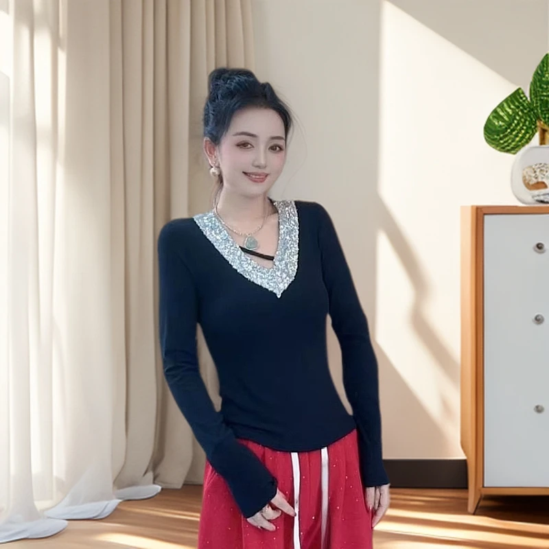 设计感V领亮片显瘦打底衫66701