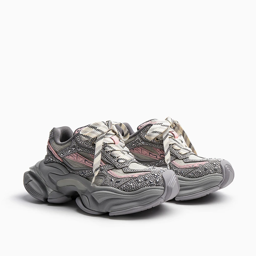 2025春夏设计师系带粉色水钻厚底时尚老爹鞋撞色运动鞋休闲潮鞋女