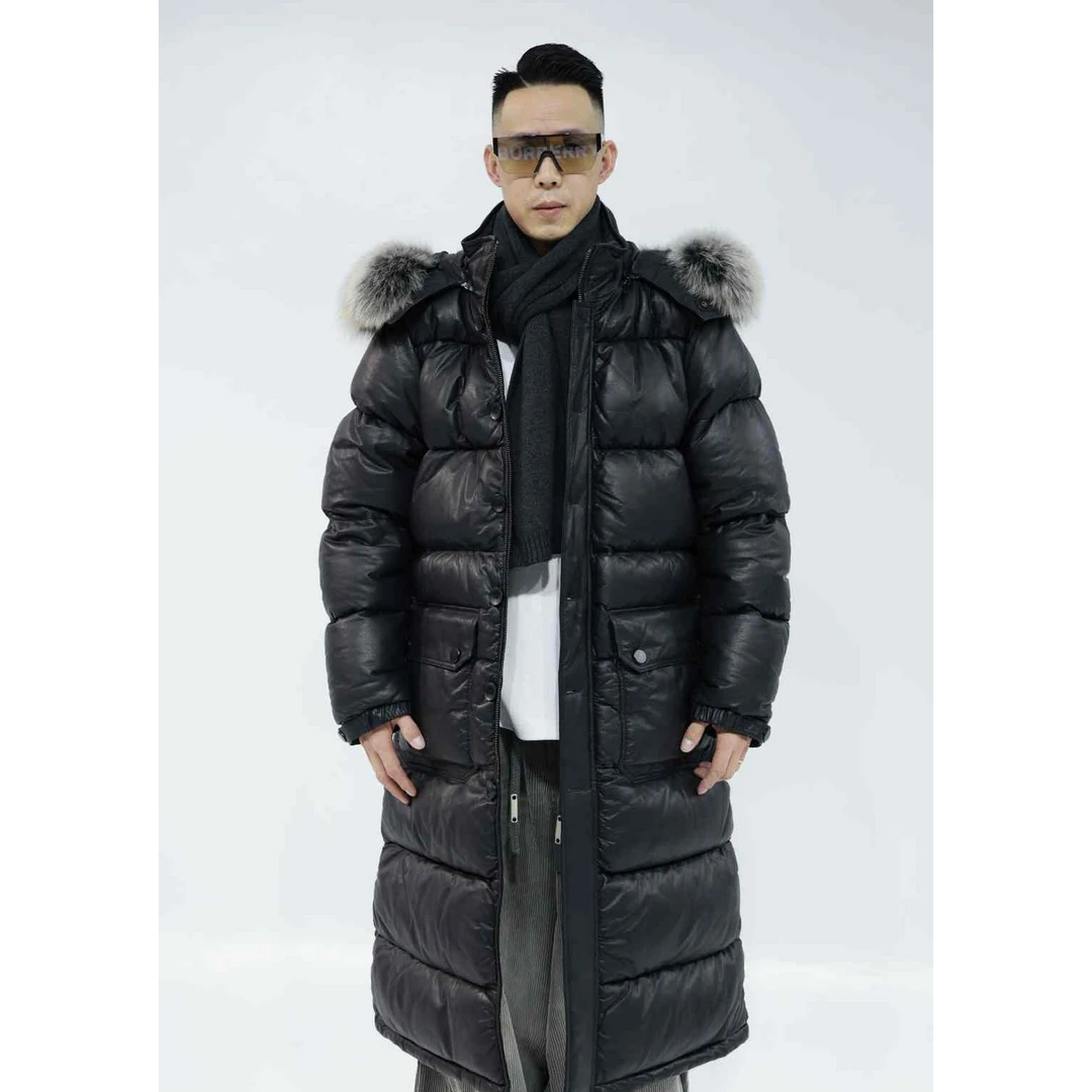 Vicwm高端冬季新品 原创真皮皮衣外套长款加厚连帽狐狸毛领上衣