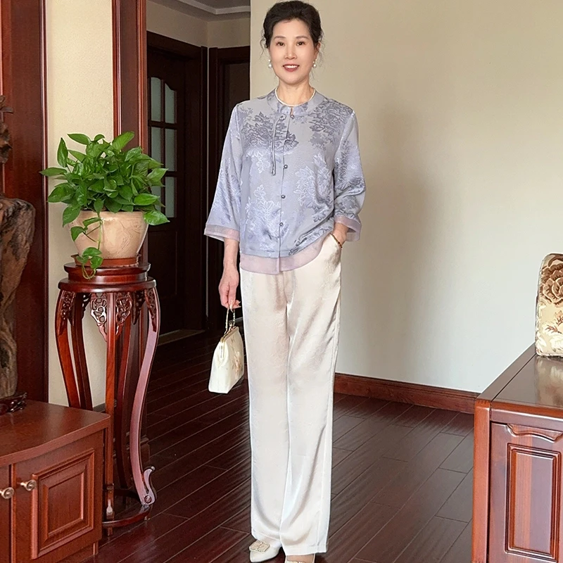 中老年气质妈妈套装上衣阔腿裤气质优雅时尚春夏秋装大码套装