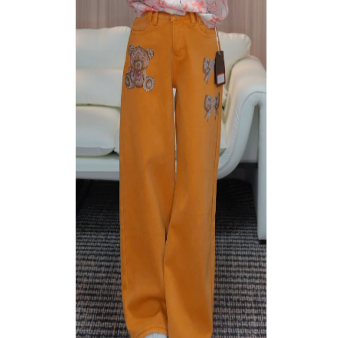 TCH私服冬款新时尚烫钻时尚淑女橙色直筒长裤T75D20E1088轻奢tch