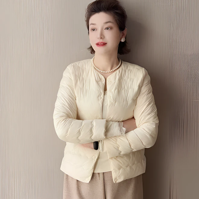 秋冬轻暖薄款内胆三层防绒波浪纹 圆领V领两穿女短款气质外套Y666