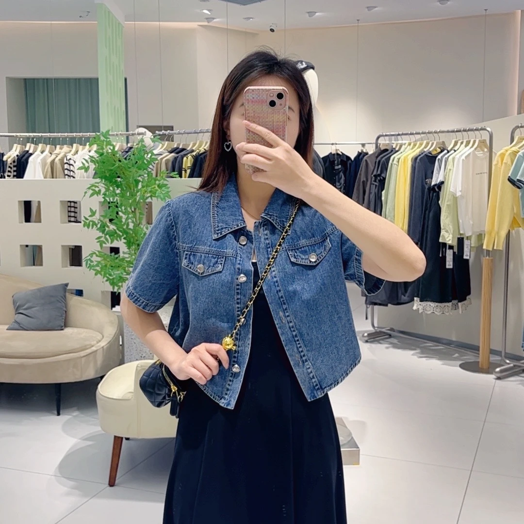 艾然 复古小个子牛仔衬衫外套女短袖春夏宽松设计感休闲百搭短款