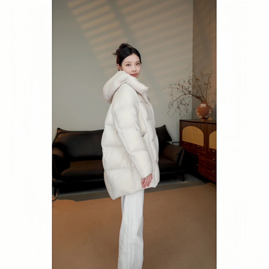 [90白鹅绒]新款连帽中长款泡芙加厚保暖羽绒服