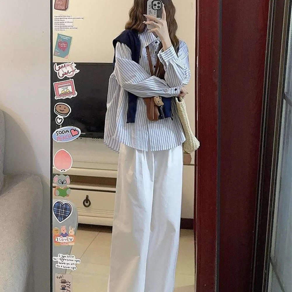 2025早秋新款法式温柔风披肩条纹衬衫上衣搭配休闲裤显瘦三件套女