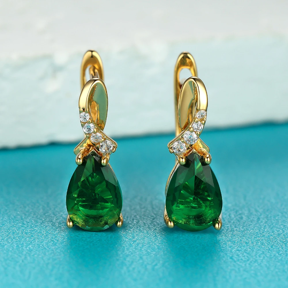 铜合金合成锆石耳饰 四爪绿水晶水滴耳扣2185