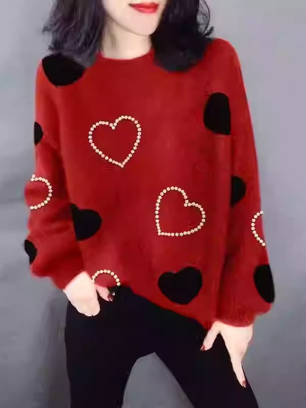 职业阿玛是官2025秋冬季新款重工钉珠爱心针织宽松圆领套头毛衣女