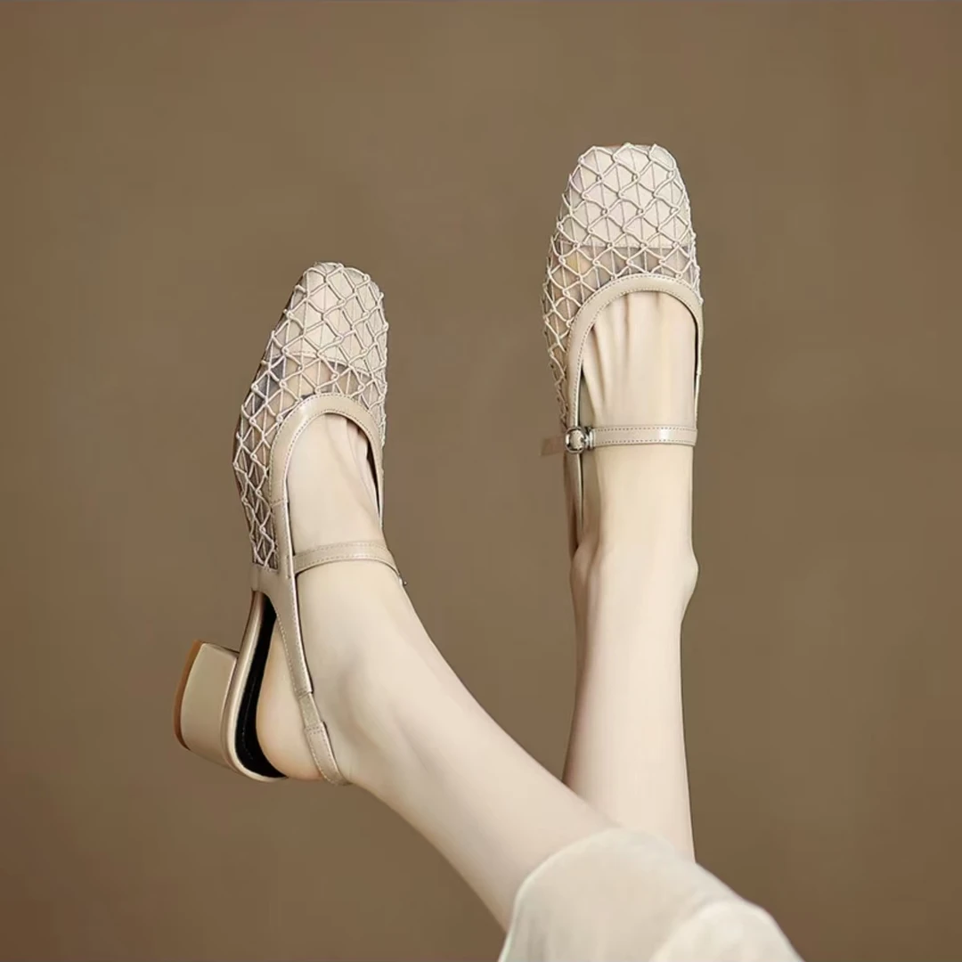 法式方头镂空透气网纱包头凉鞋女2025夏季新款中粗跟蕾丝时尚女鞋