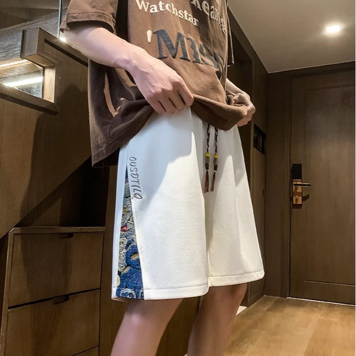 国潮大码五分裤2025新款刺绣拼接短裤夏季男运动宽松直筒休闲中裤