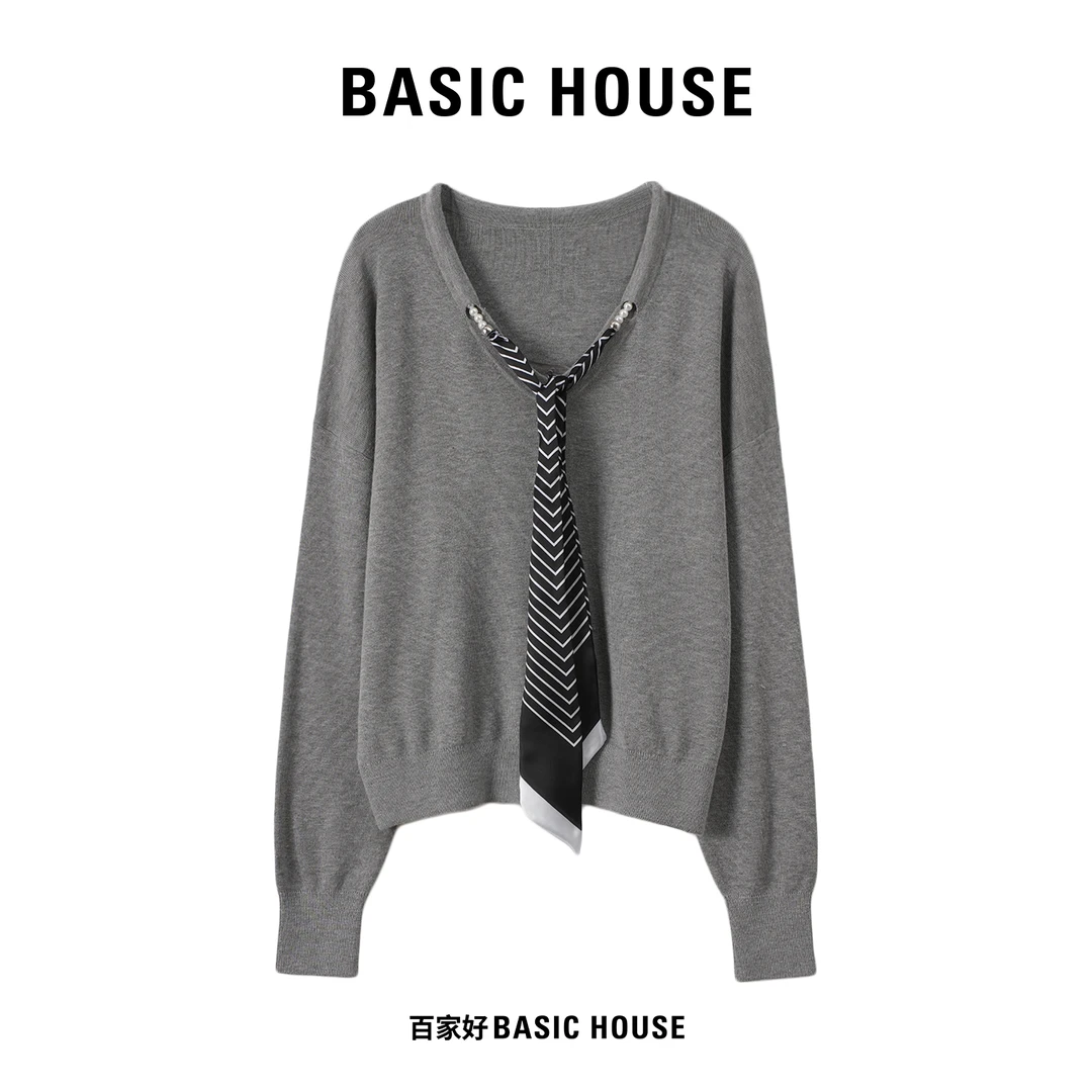 Basic House/百家好2025秋季绞花设计师款领带百搭针织衫M022 MM