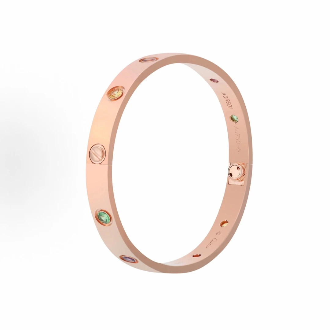 99新 Cartier/卡地亚 卡地亚18k玫瑰金十钻彩宝宽版手镯16码/盒子