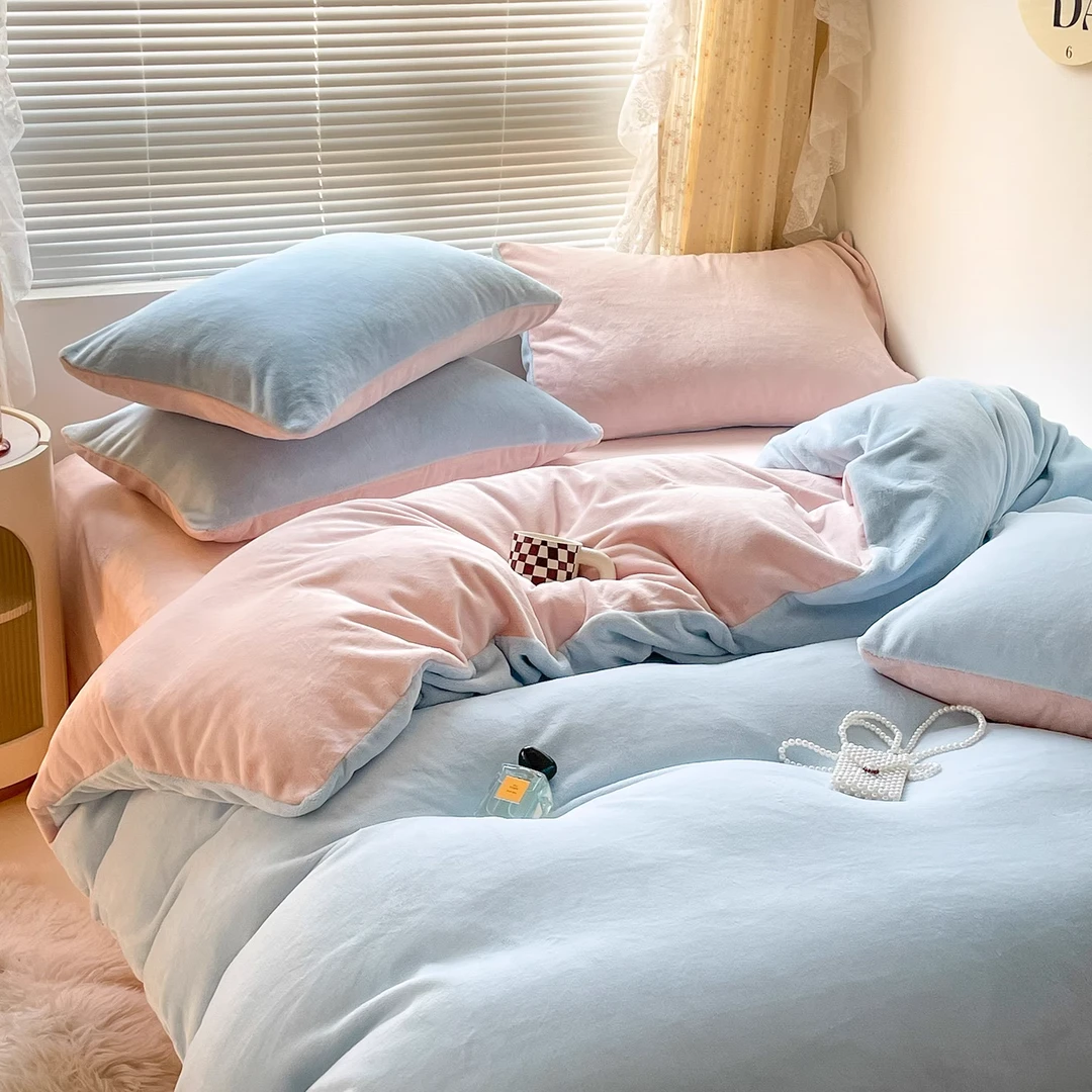 加绒无印风出租房纯色牛奶绒床上四件套防静电被套学生床笠三件套