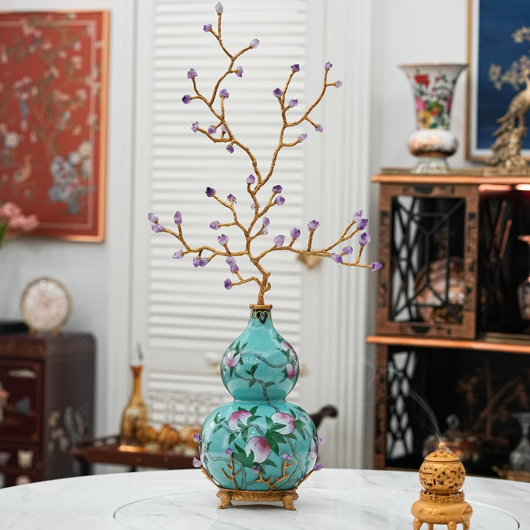 【奇居】铜配瓷寿桃纹样装饰紫水晶葫芦摆件 大号#RA814D-L