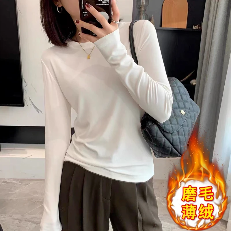 秋冬新款韩版圆领修身内搭磨毛绒打底衫女装白色长袖T恤显瘦上衣