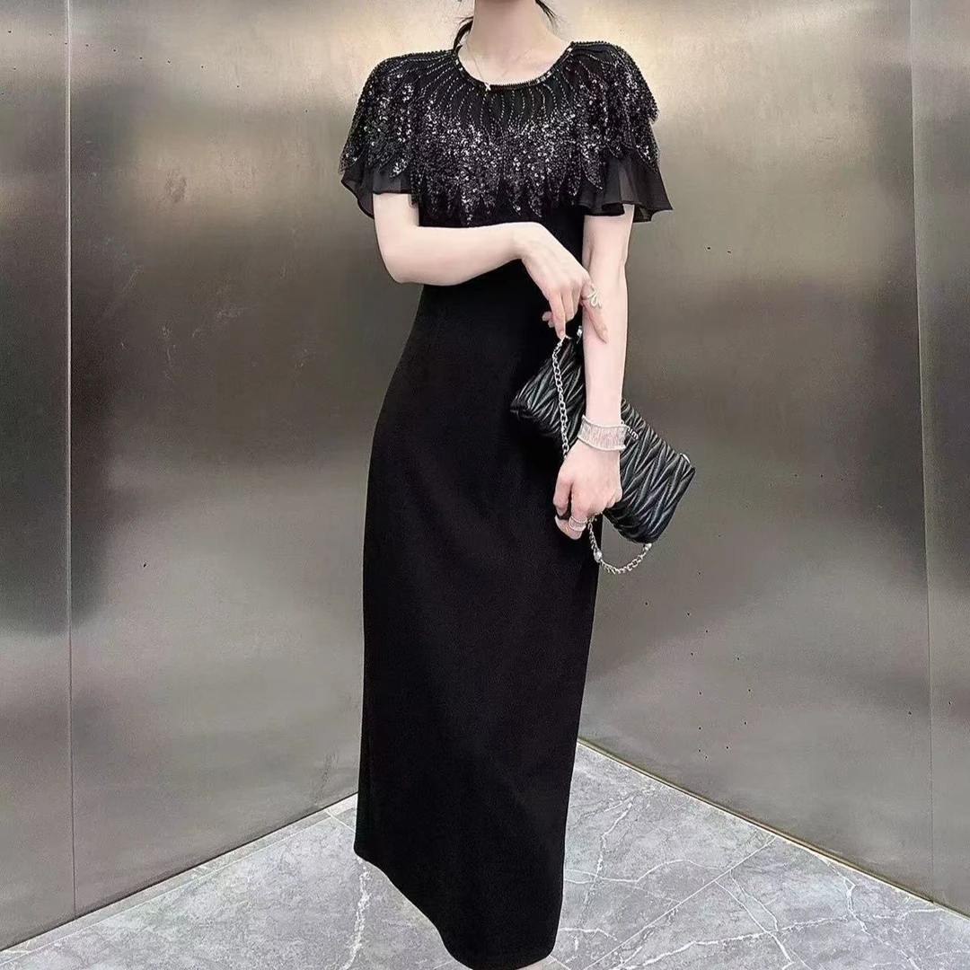 法式千金时髦重工钉珠刺绣蝴蝶收腰无袖背心过膝长裙子连衣裙