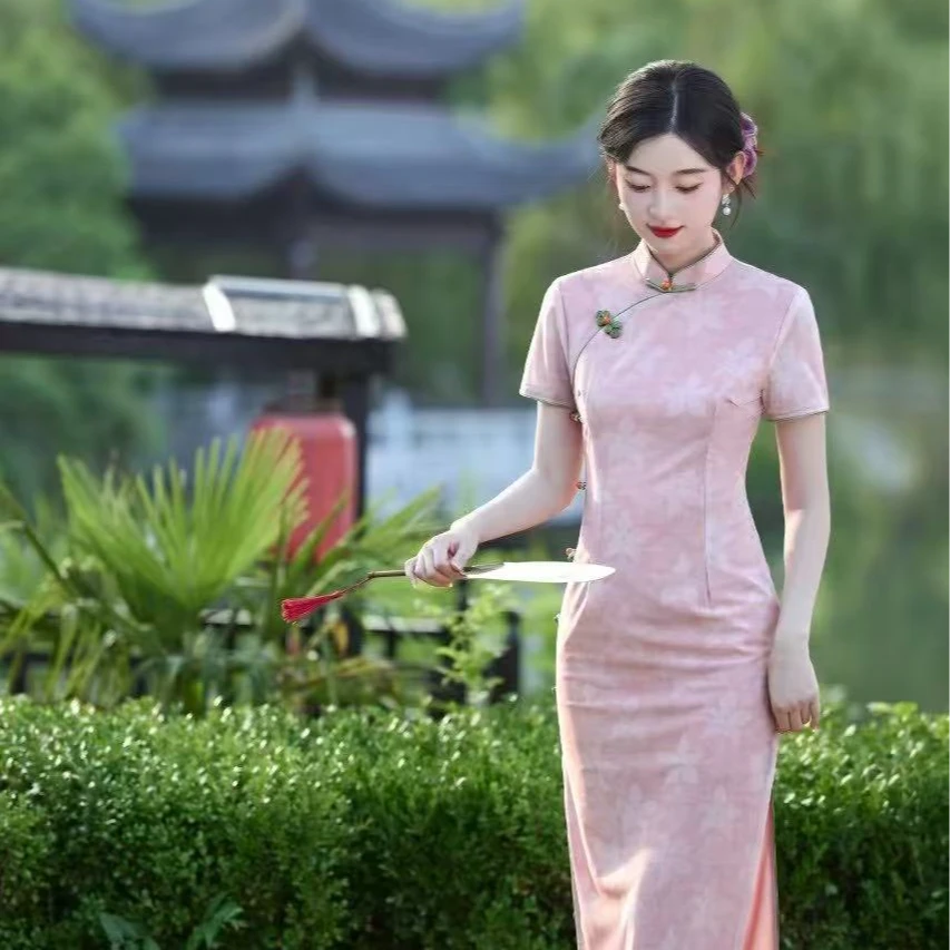 【花语】粉色旗袍2025夏季新款日常气质显瘦修身小个子中长款连衣裙