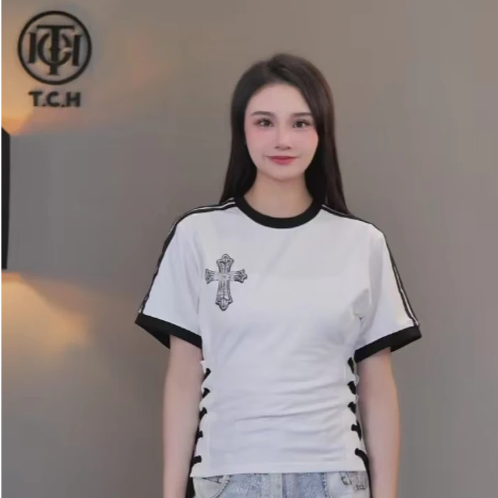 TCH-HNOCHILLOUTHOUSE潮牌烫钻修身夏季白色T恤T72B10E6010