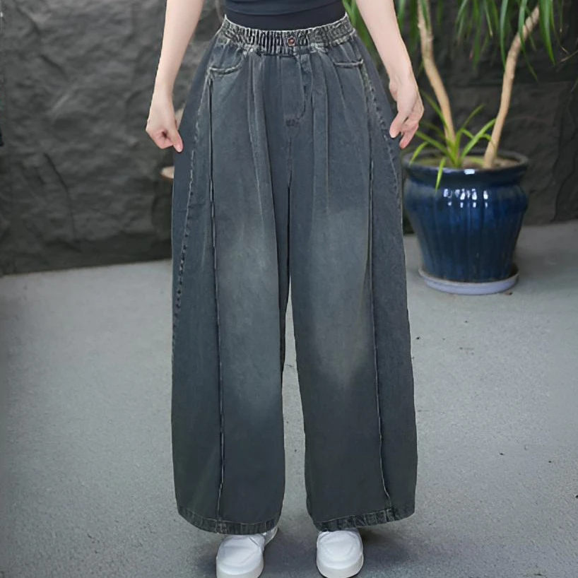JJ无弹女秋季直筒裤水洗做旧牛仔裤直筒宽松阔腿裤高腰复古牛仔裤