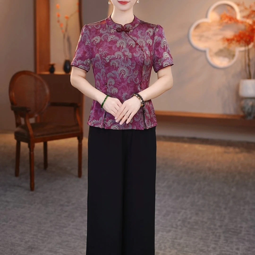 【现货】两件套中年妈妈2025夏季改良旗袍上衣+裤子（天）ZRF-25588