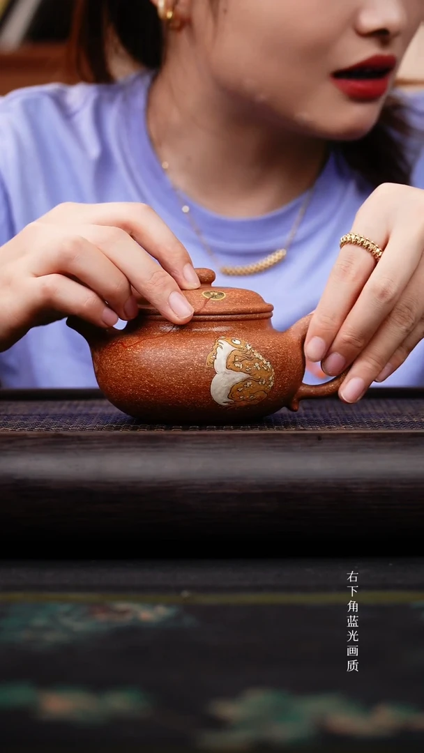 茶壶紫砂黄降坡 泥绘 仿古