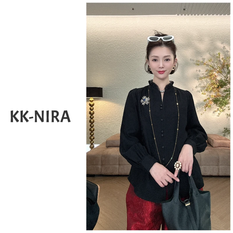 KK-NIRA 流动詩意  V领荷叶领长袖百搭上衣