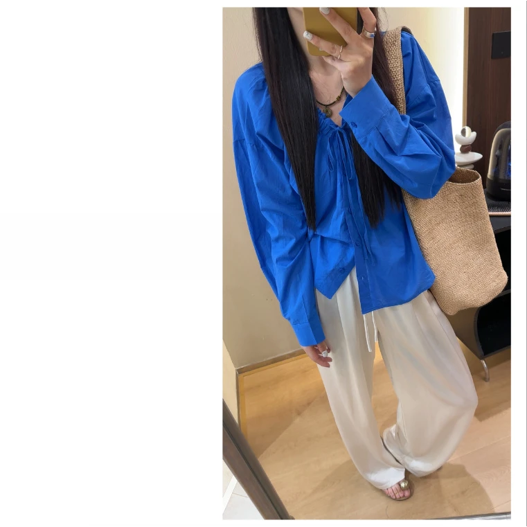 ZX6198韩版设计感系带宽松木耳边长袖衬衫女2025春夏新款百搭上衣