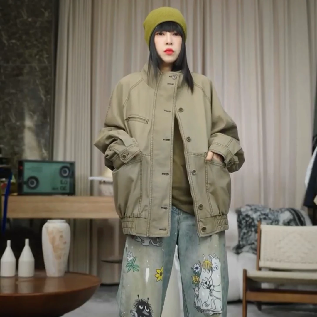 infobyfive2025秋冬新款水洗扣子立领厚款工装外套五店NF0508228