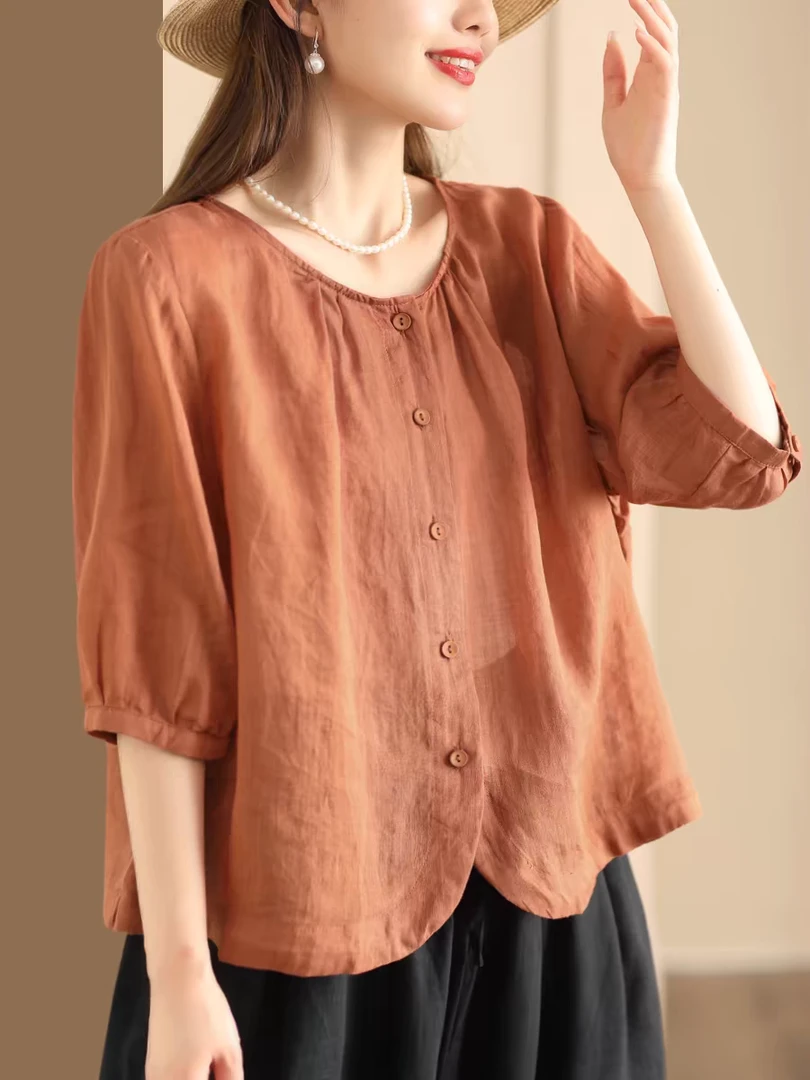 2025新款圆领苎麻小衫