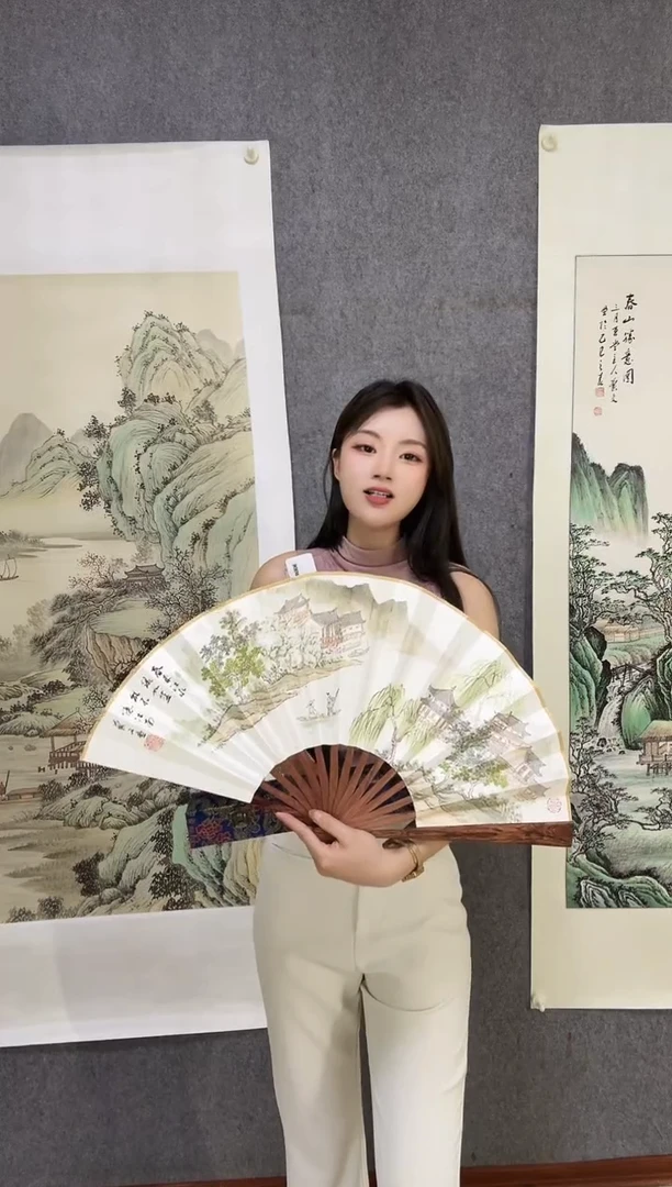 国画手绘i折扇《江南》花梨木扇骨装裱