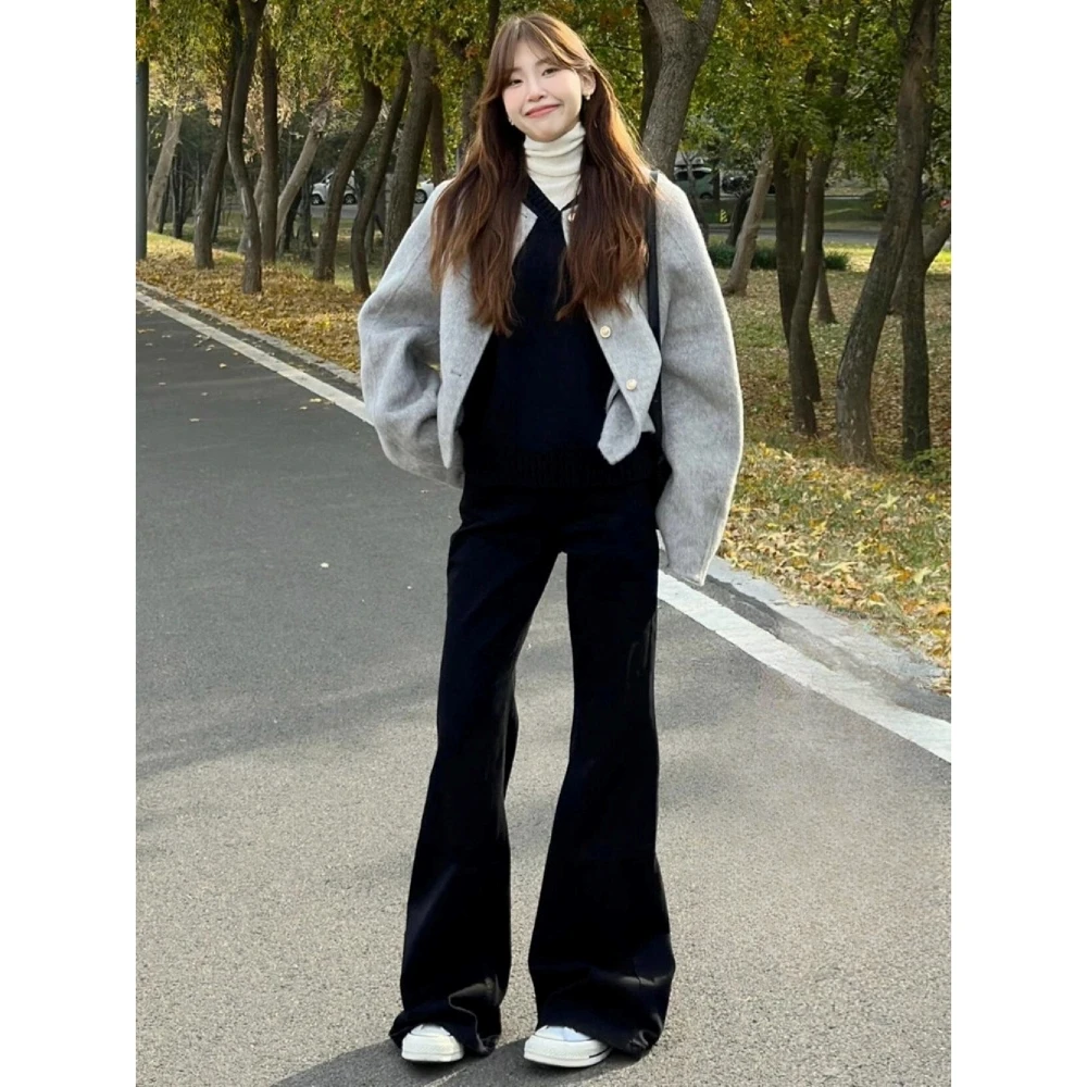 美式复古黑色直筒微喇牛仔裤女2025春季新款宽松显瘦拖地阔腿长裤