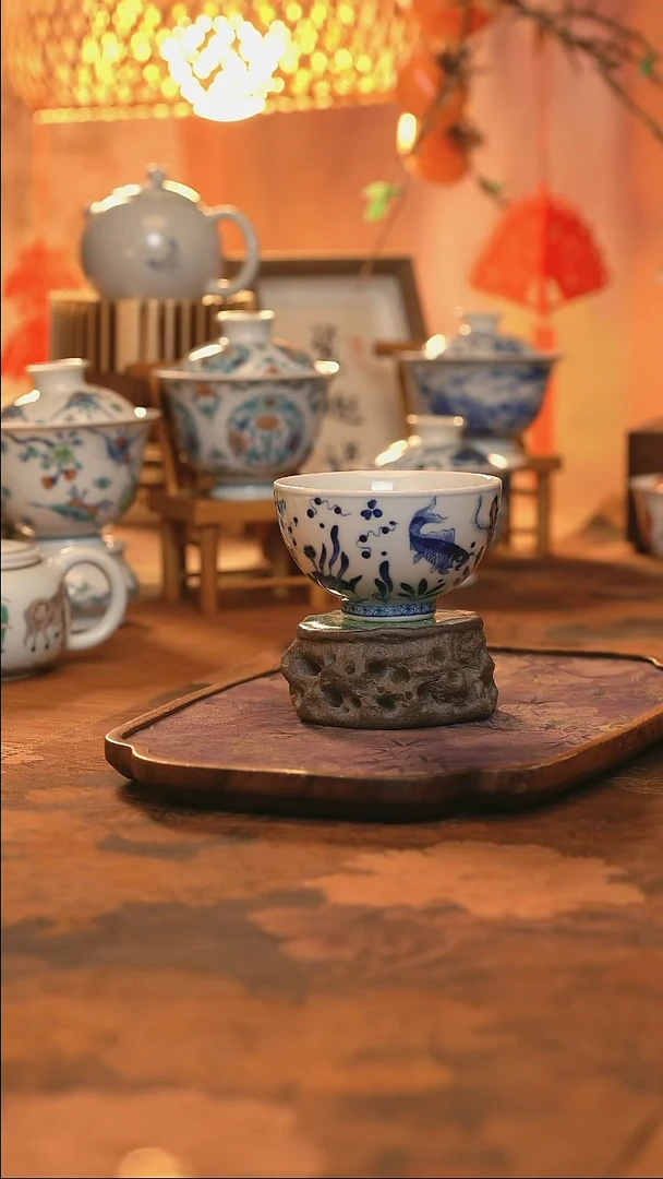 复古青花鱼藻纹【鸡心杯】