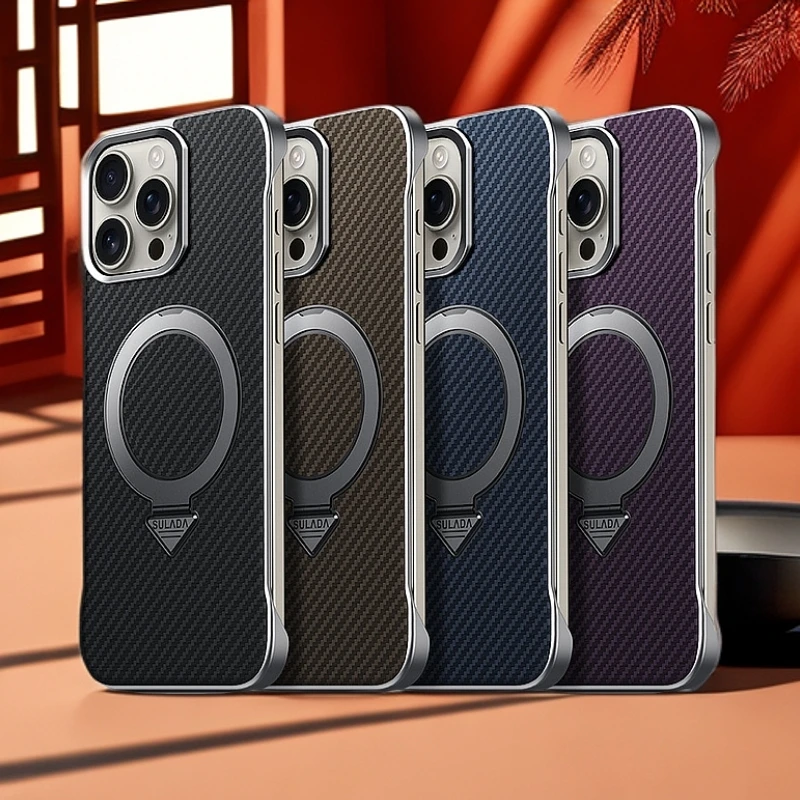苹果16pro碳纤维纹手机壳真皮适用iPhone15Promax支架磁吸保护套